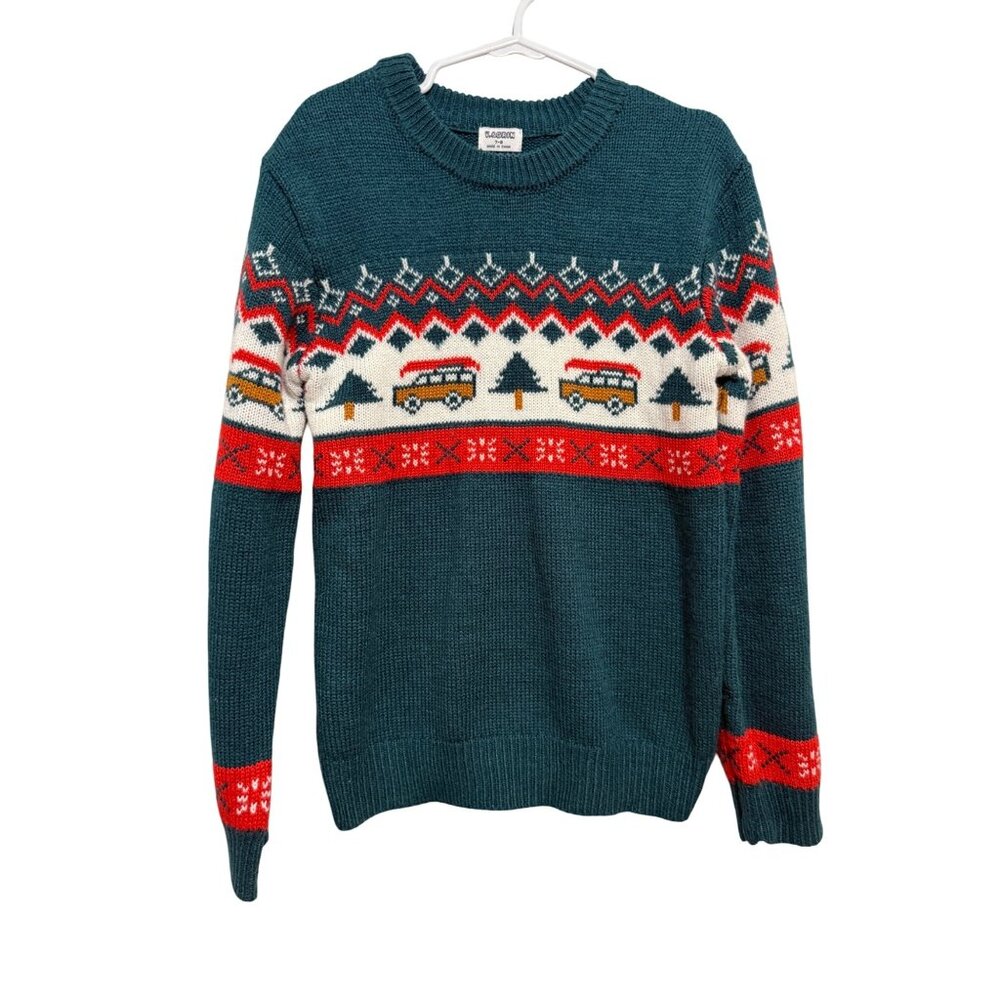 V.&Grin Childrens Teal Knit Sweater 7-8 With Camper & Tree Pattern